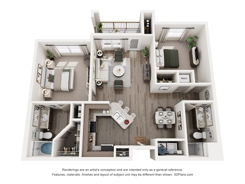 Floor plan for 2 beds, 2 baths, 1101 sqft